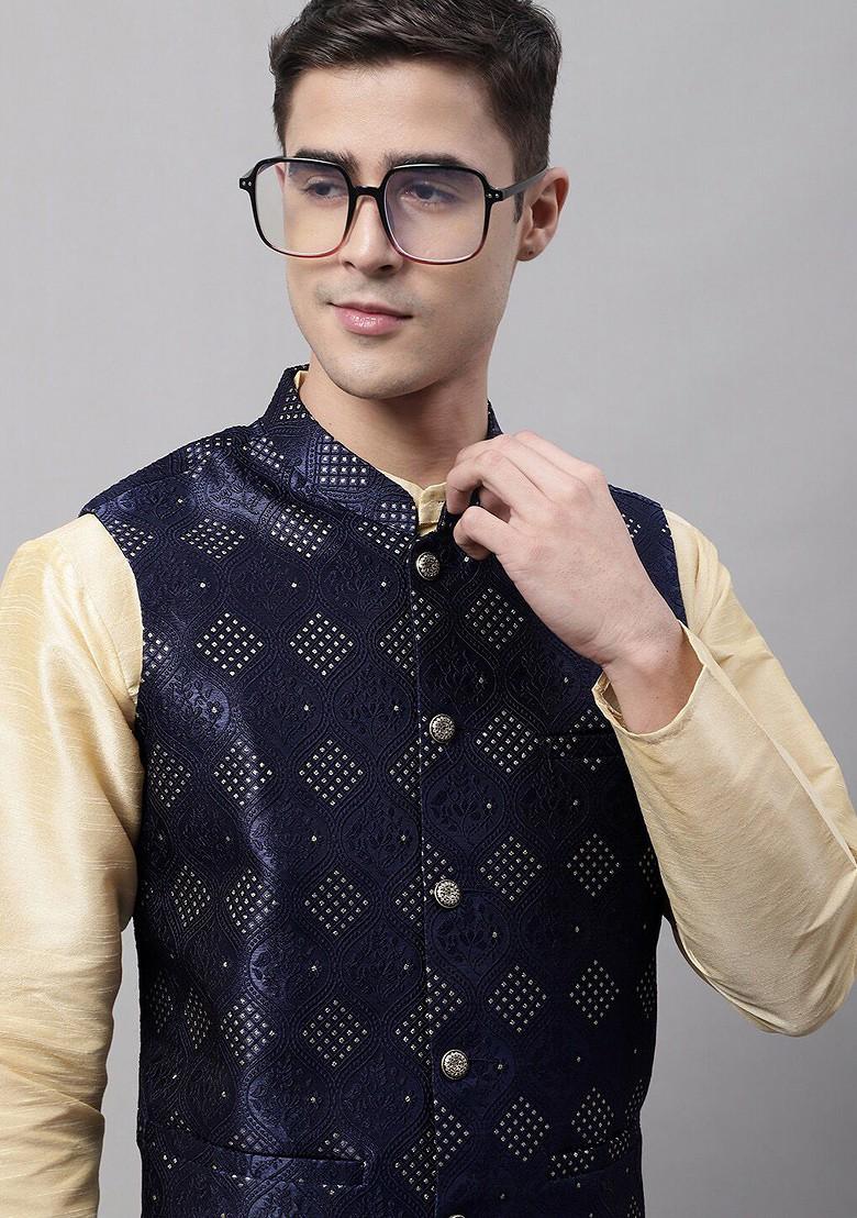 Navy Blue Woven Design Poly Blend Nehru Jacket For Men