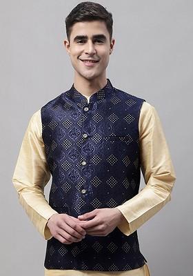 Navy Blue Woven Design Poly Blend Nehru Jacket For Men