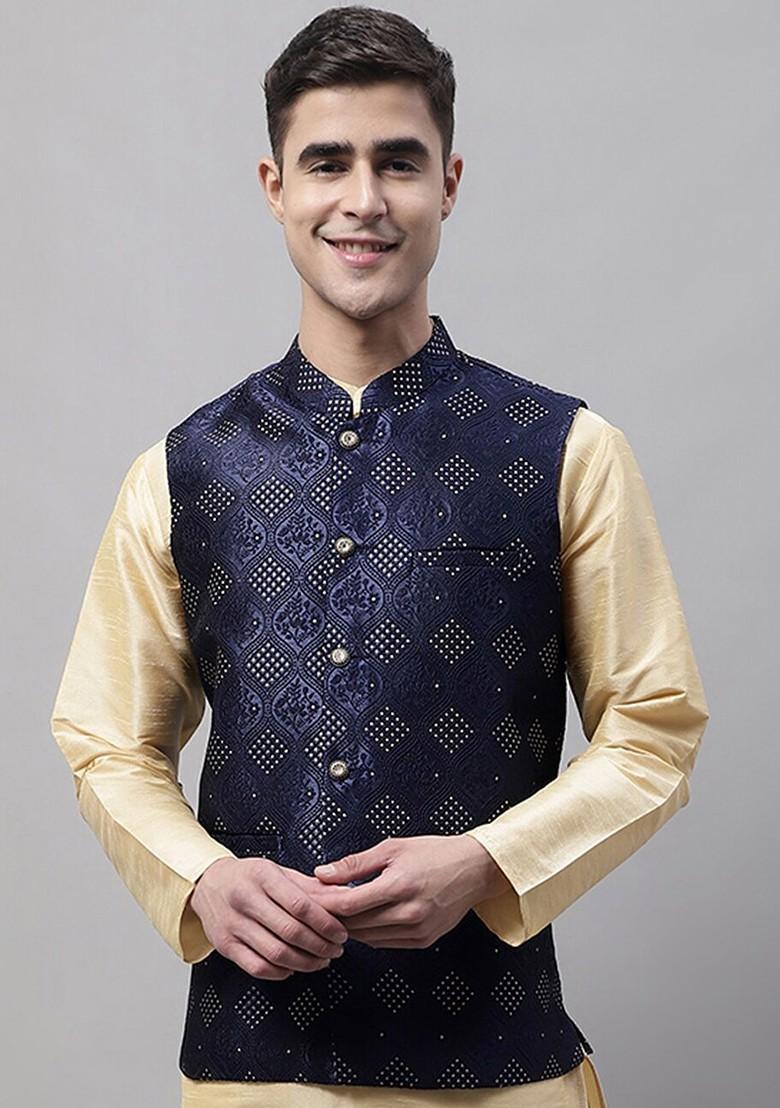 Navy Blue Woven Design Poly Blend Nehru Jacket For Men