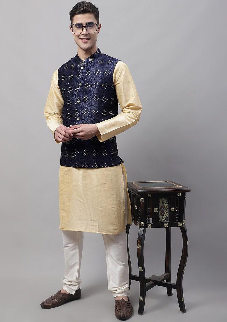 Navy Blue Woven Design Poly Blend Nehru Jacket For Men