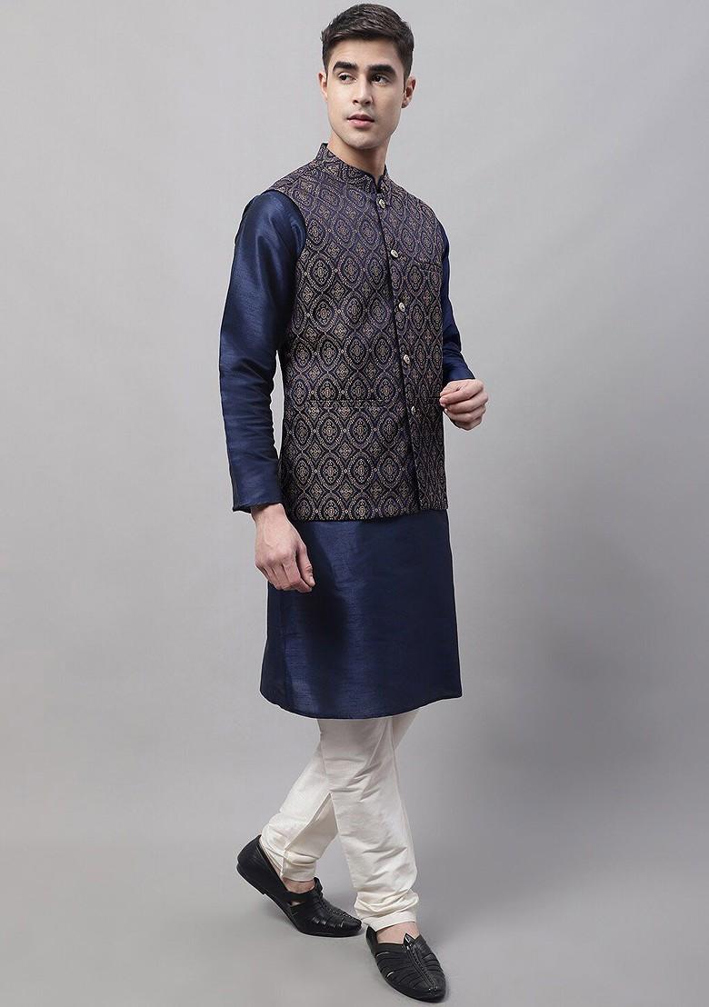 Navy Blue Woven Design Poly Blend Nehru Jacket For Men