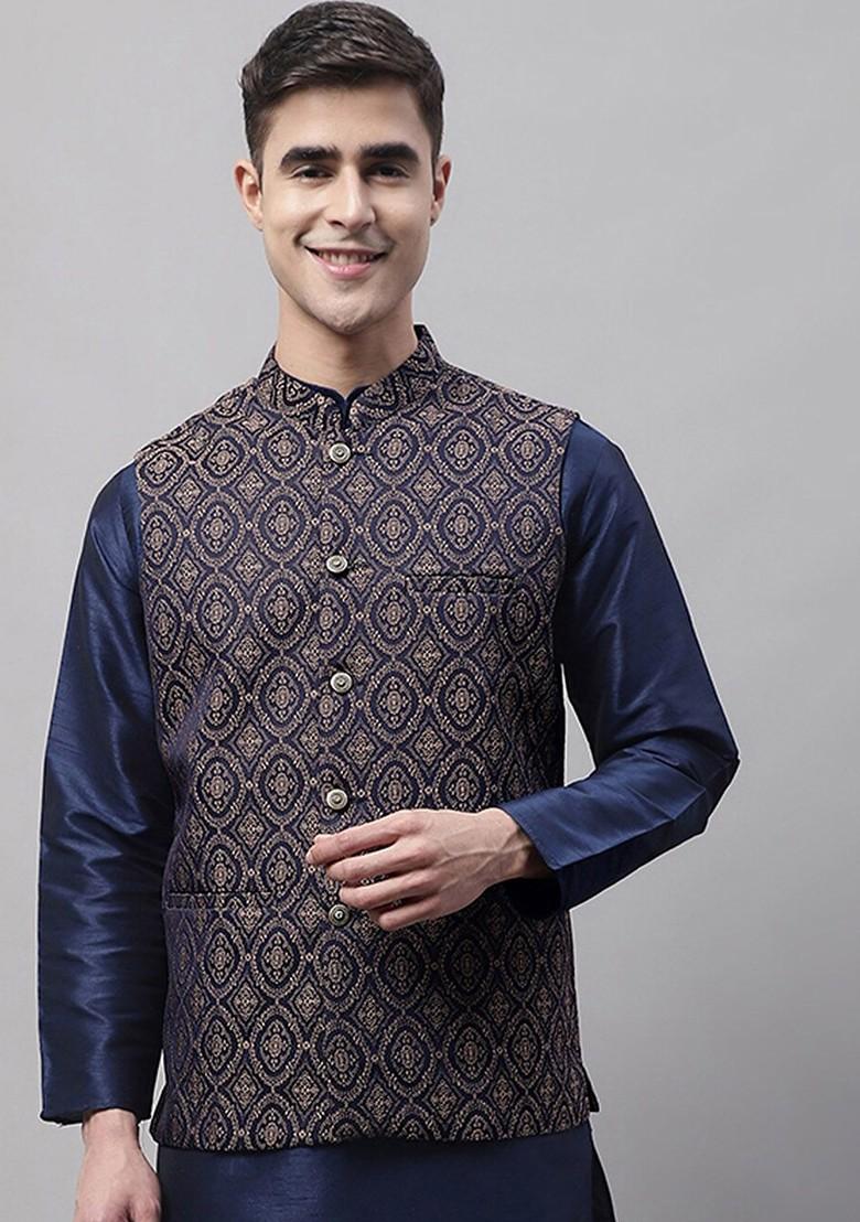 Navy Blue Woven Design Poly Blend Nehru Jacket For Men