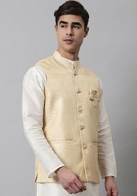 Beige Woven Design Poly Blend Nehru Jacket For Men