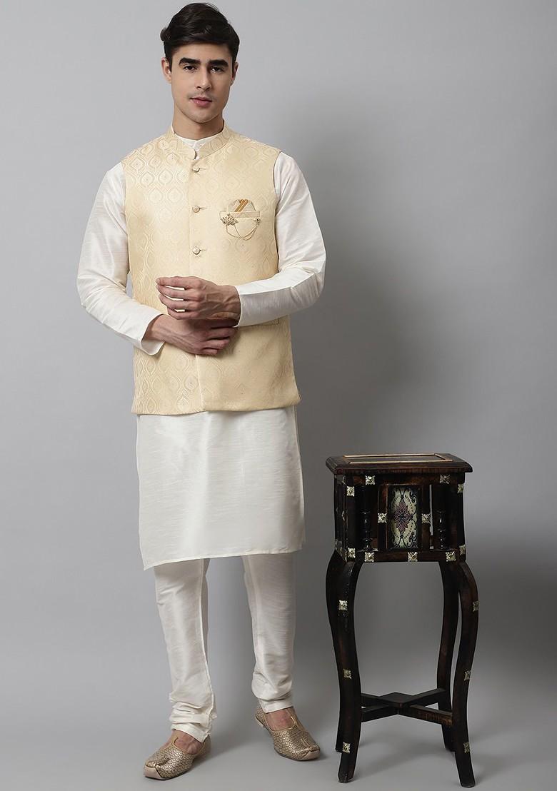 Beige Woven Design Poly Blend Nehru Jacket For Men