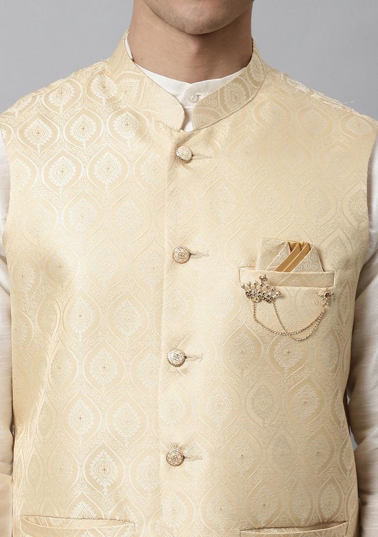 Beige Woven Design Poly Blend Nehru Jacket For Men