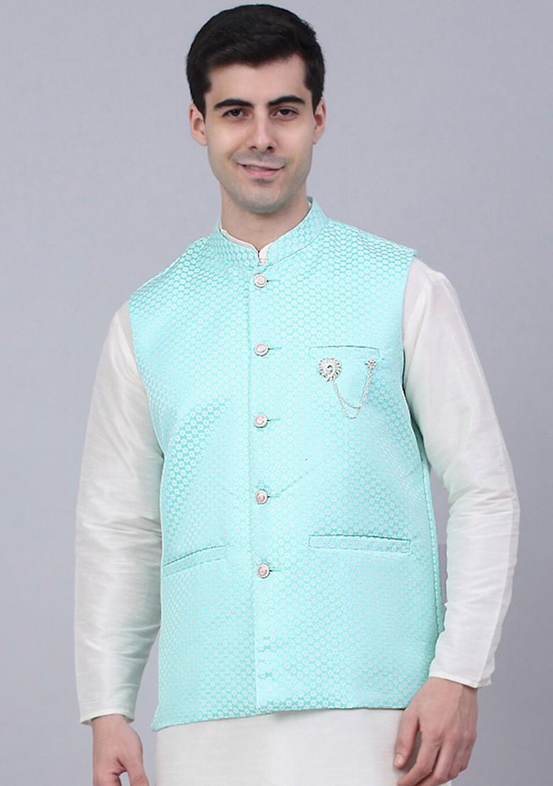 Blue Woven Design Poly Blend Nehru Jacket For Men