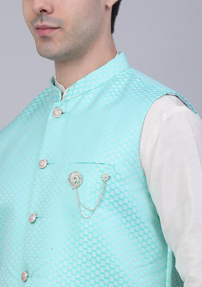 Blue Woven Design Poly Blend Nehru Jacket For Men
