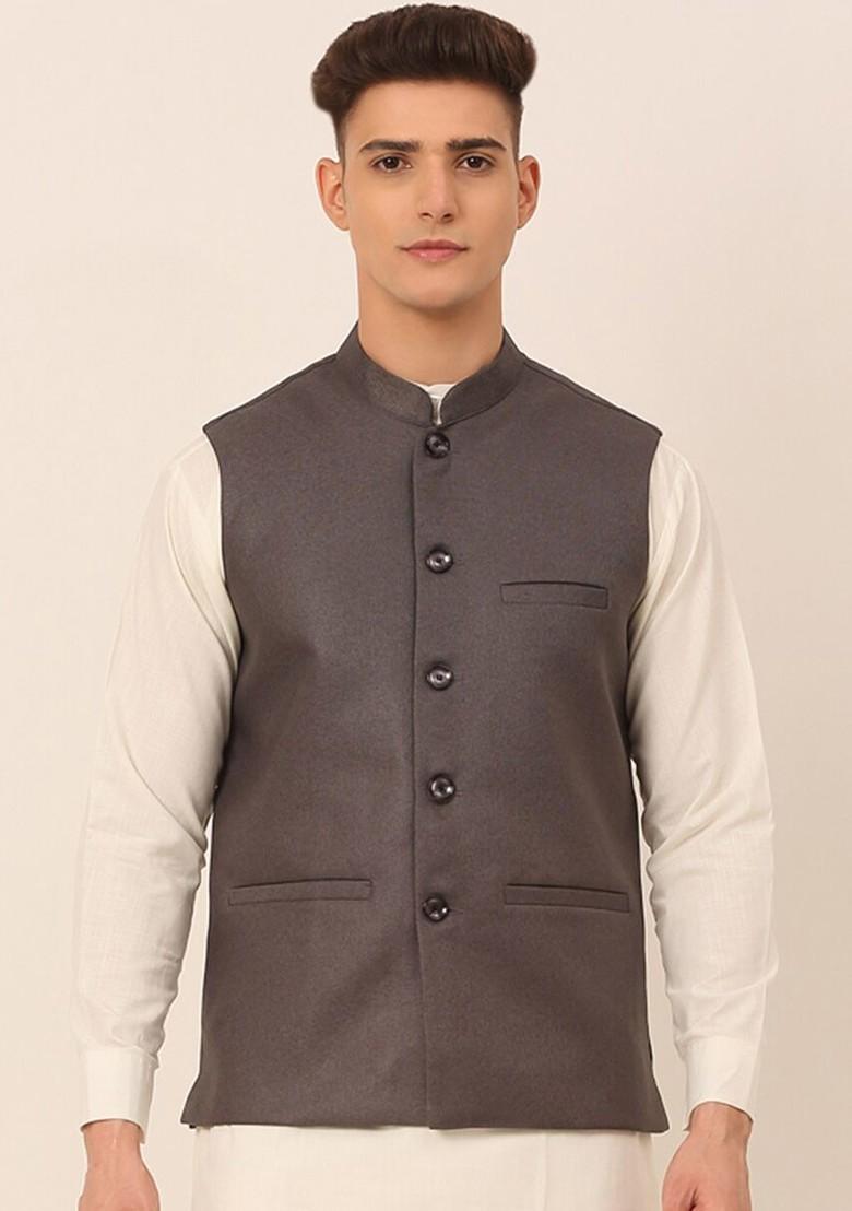 Charcoal Grey Woven Design Poly Blend Nehru Jacket For Men