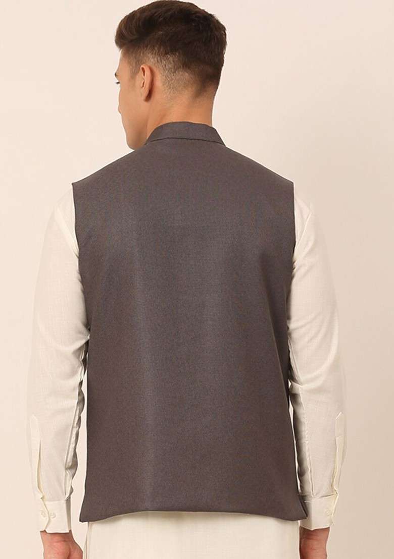 Charcoal Grey Woven Design Poly Blend Nehru Jacket For Men - Indya
