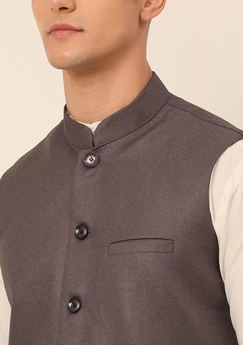Charcoal Grey Woven Design Poly Blend Nehru Jacket For Men