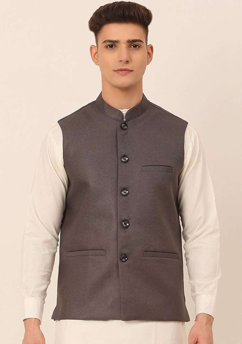 Charcoal Grey Woven Design Poly Blend Nehru Jacket For Men - Indya