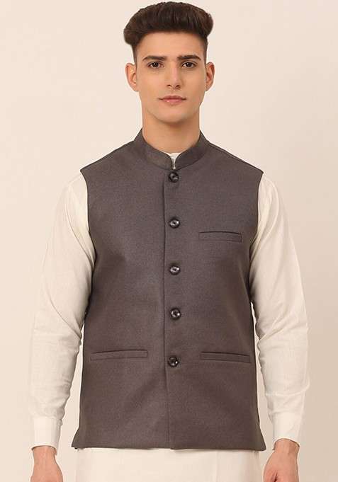 Charcoal Grey Woven Design Poly Blend Nehru Jacket For Men