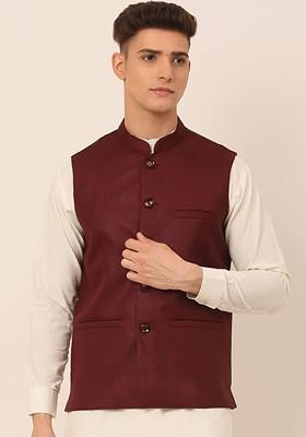 Maroon Embroidered Poly Blend Nehru Jacket For Men