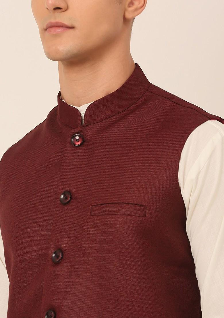 Maroon Embroidered Poly Blend Nehru Jacket For Men