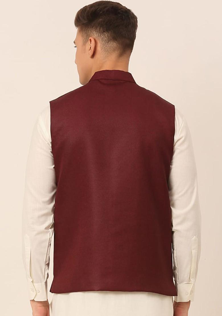 Maroon Embroidered Poly Blend Nehru Jacket For Men