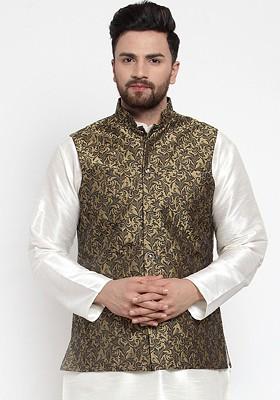 Gold Woven Design Poly Blend Nehru Jacket For Men
