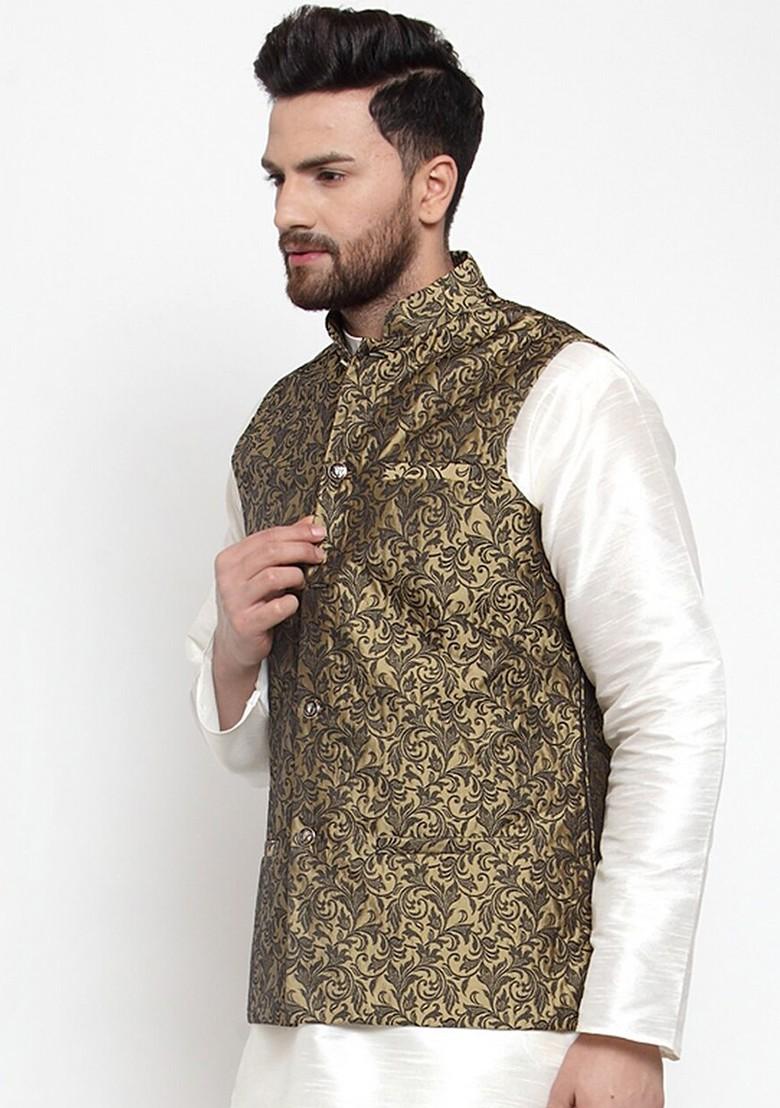 Gold Woven Design Poly Blend Nehru Jacket For Men