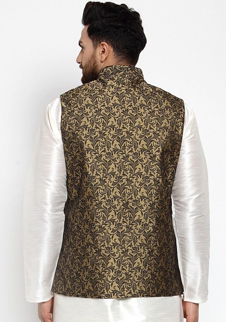 Gold Woven Design Poly Blend Nehru Jacket For Men