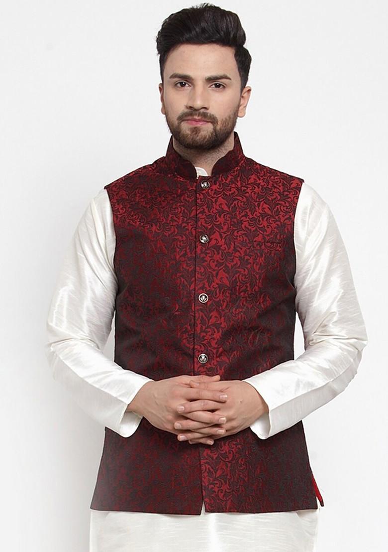 Maroon Woven Design Poly Blend Nehru Jacket For Men