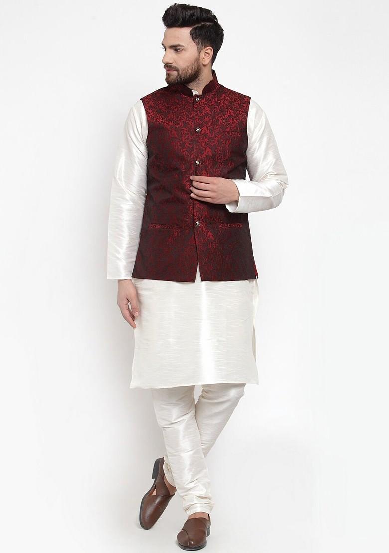 Maroon Woven Design Poly Blend Nehru Jacket For Men