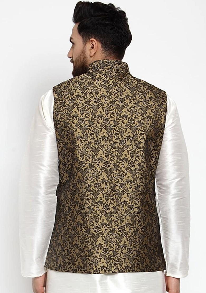 Gold Woven Design Poly Blend Nehru Jacket For Men