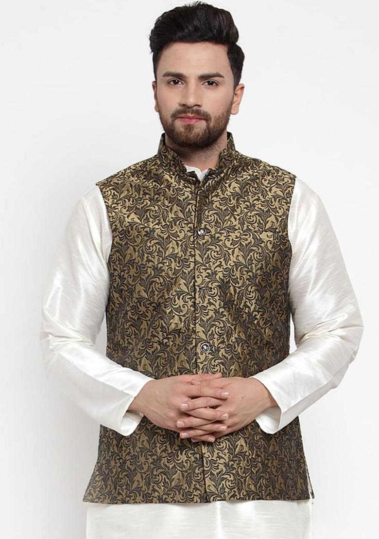 Gold Woven Design Poly Blend Nehru Jacket For Men