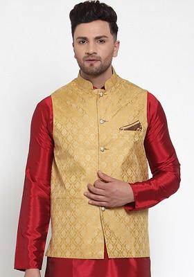 Gold Woven Design Poly Blend Nehru Jacket For Men