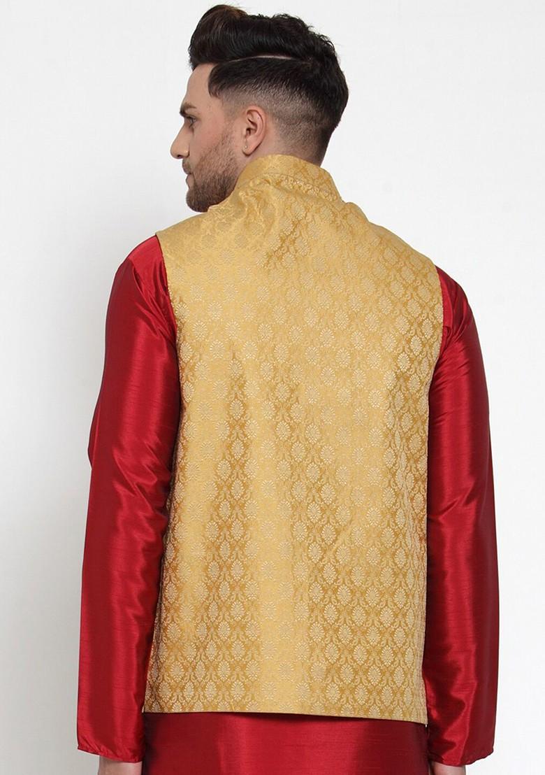 Gold Woven Design Poly Blend Nehru Jacket For Men