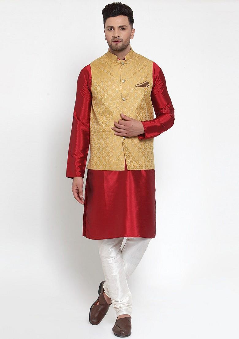 Gold Woven Design Poly Blend Nehru Jacket For Men