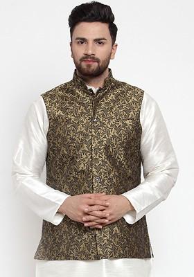 Gold Woven Design Poly Blend Nehru Jacket For Men