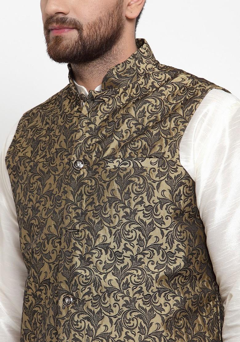 Gold Woven Design Poly Blend Nehru Jacket For Men