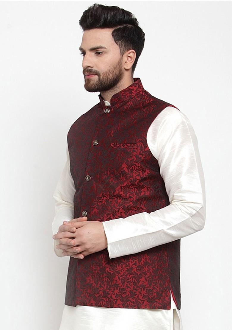 Maroon Woven Design Poly Blend Nehru Jacket For Men