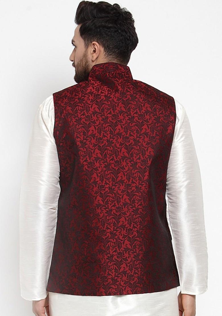 Maroon Woven Design Poly Blend Nehru Jacket For Men