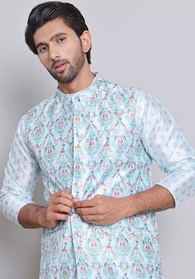 Turquoise Blue Printed Poly Blend Nehru Jacket For Men