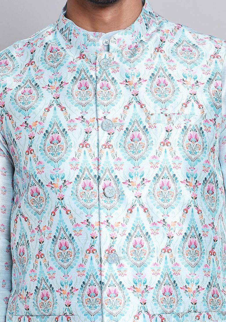 Turquoise Blue Printed Poly Blend Nehru Jacket For Men