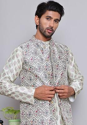 White Printed Poly Blend Nehru Jacket For Men