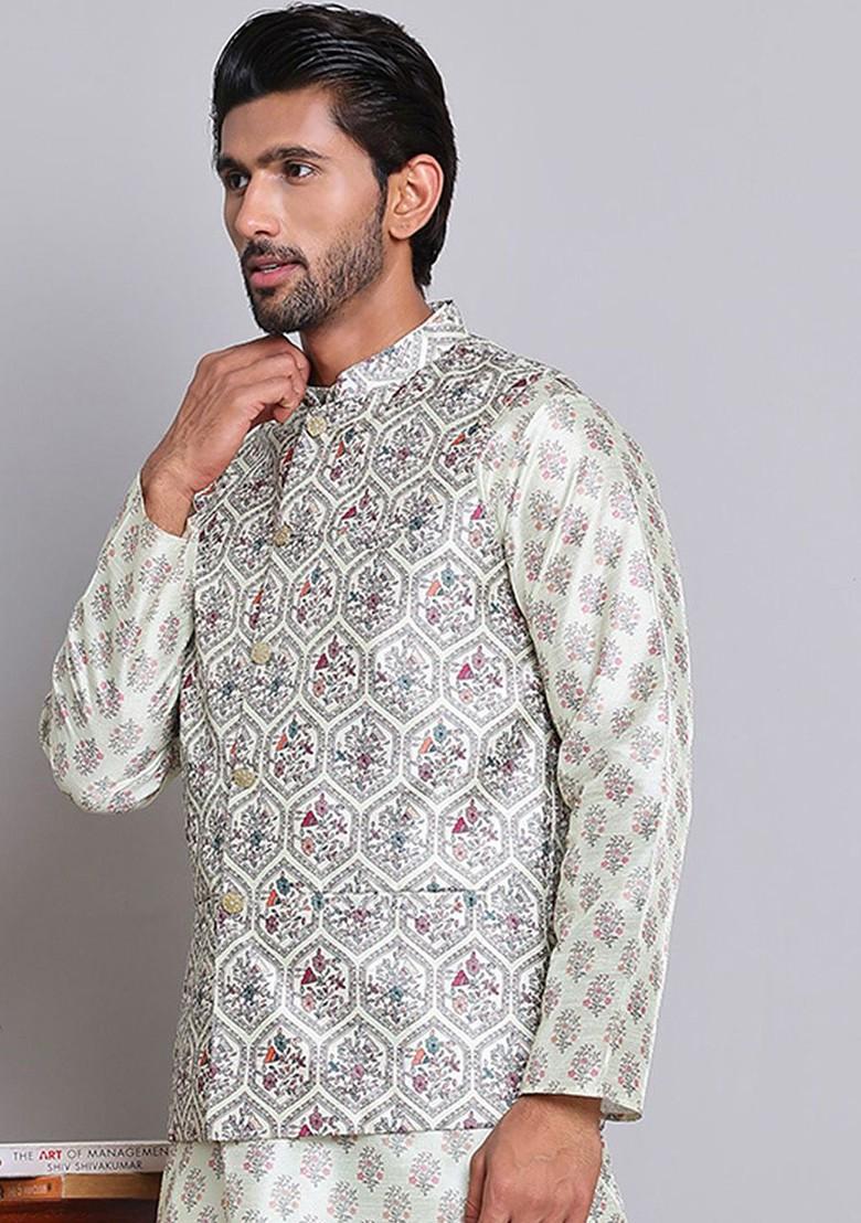 White Printed Poly Blend Nehru Jacket For Men
