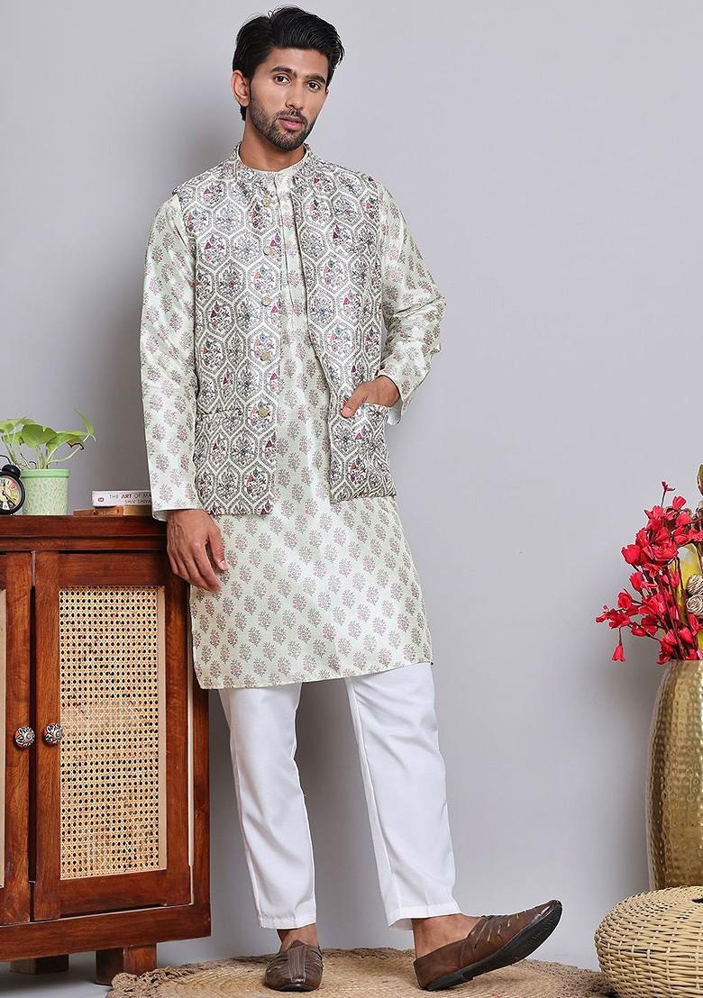 White Printed Poly Blend Nehru Jacket For Men