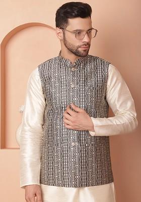 Black Woven Design Poly Blend Nehru Jacket For Men
