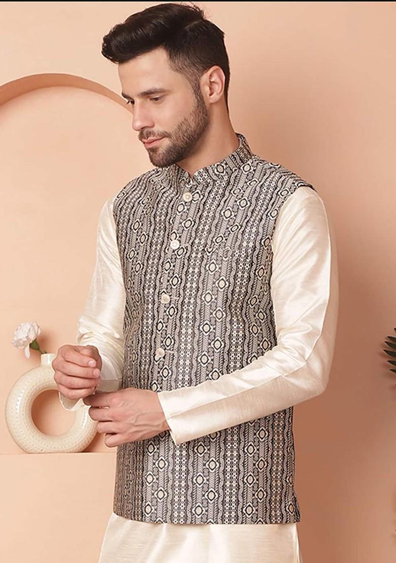 Black Woven Design Poly Blend Nehru Jacket For Men