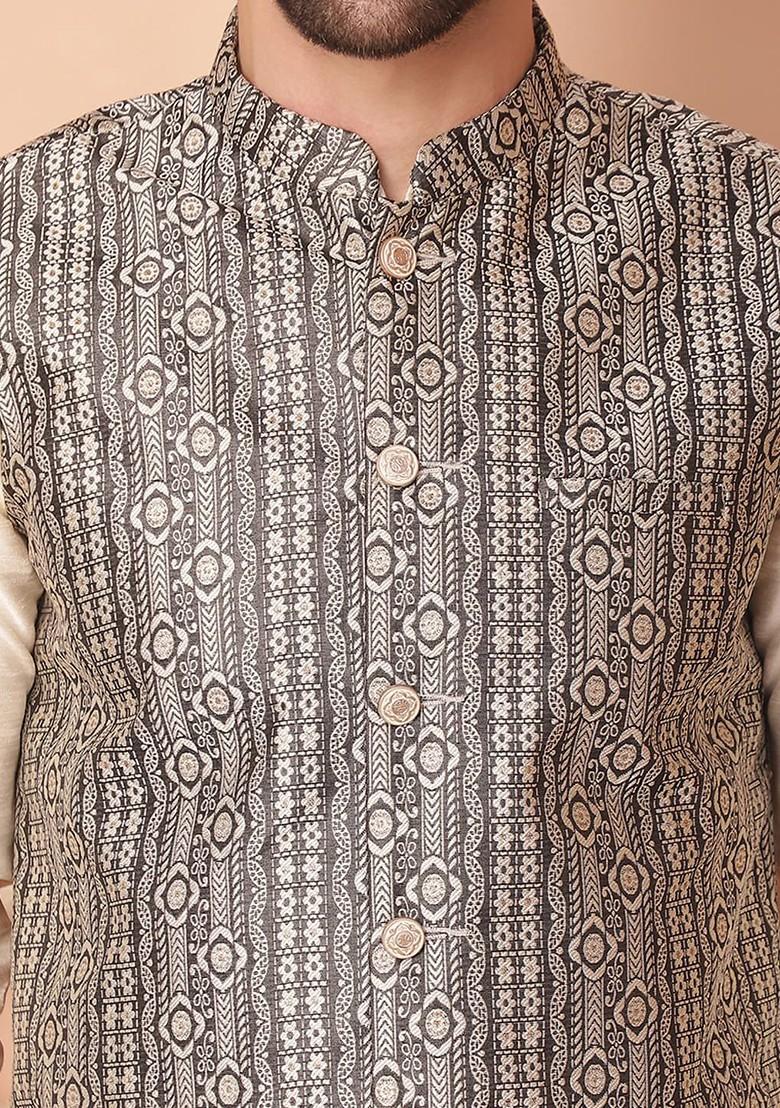 Black Woven Design Poly Blend Nehru Jacket For Men
