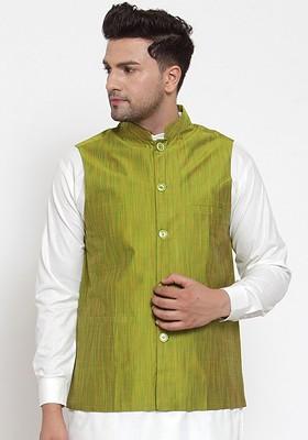 Green Embellished Poly Blend Nehru Jacket For Men