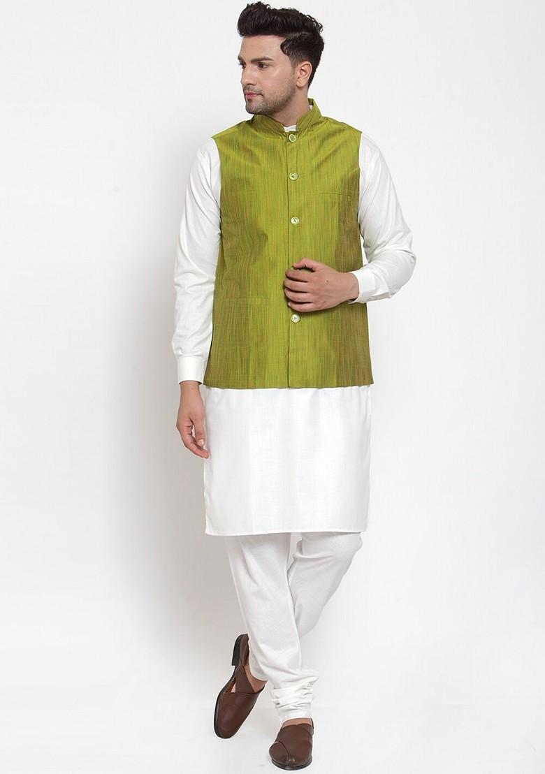 Green Embellished Poly Blend Nehru Jacket For Men