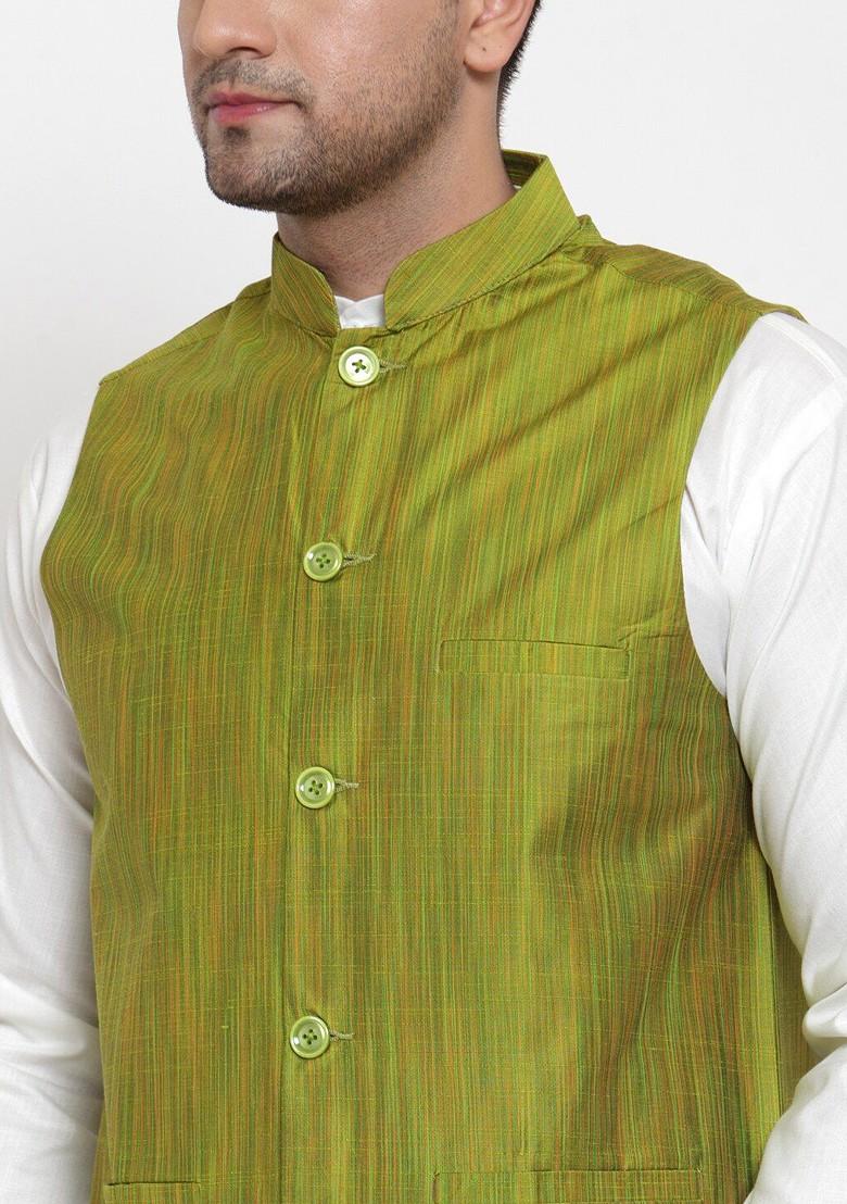 Green Embellished Poly Blend Nehru Jacket For Men