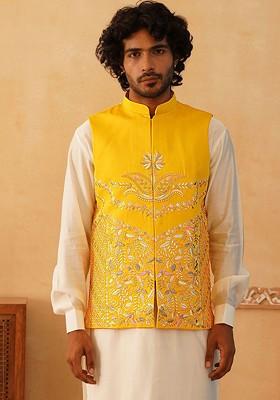 Yellow Embellished Poly Blend Nehru Jacket For Men
