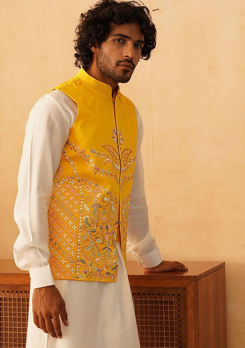 Yellow Embellished Poly Blend Nehru Jacket For Men