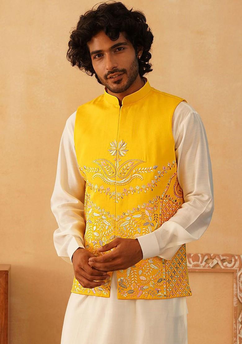 Yellow Embellished Poly Blend Nehru Jacket For Men