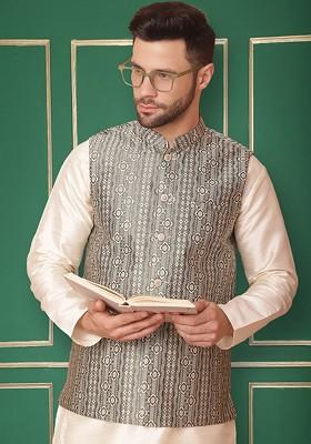 Green Woven Design Poly Blend Nehru Jacket For Men
