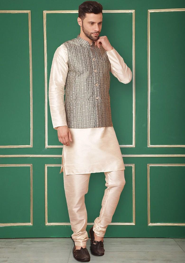 Green Woven Design Poly Blend Nehru Jacket For Men