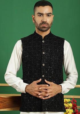 Black Embroidered Poly Blend Nehru Jacket For Men
